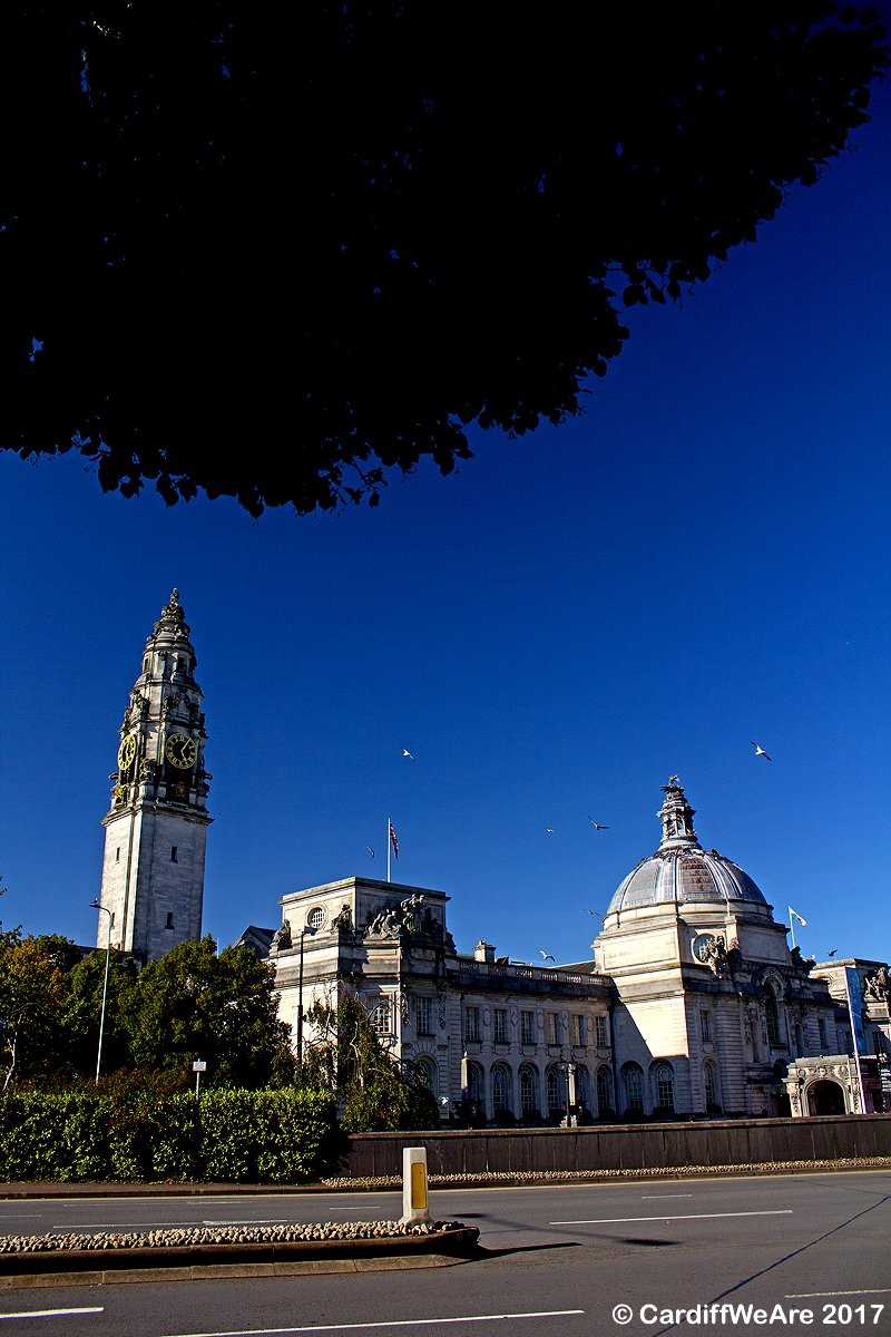 Cardiff`s magnificent Civic Hall under clear blue skies